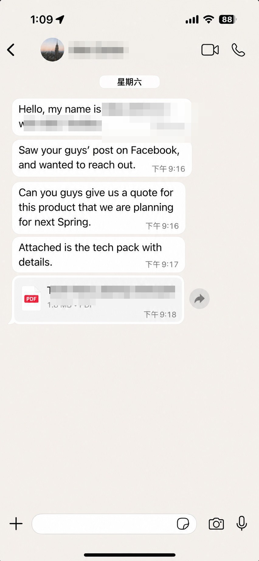 海外买家询盘 - 来自 Facebook 帖子，发送 tech pack 要报价