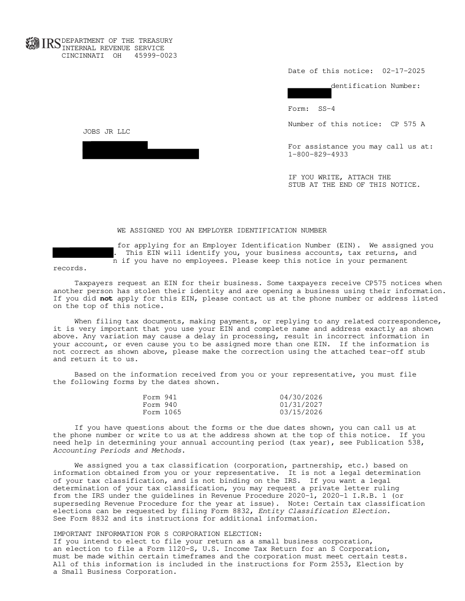 IRS EIN Confirmation Letter CP 575 for Jobs Jr LLC