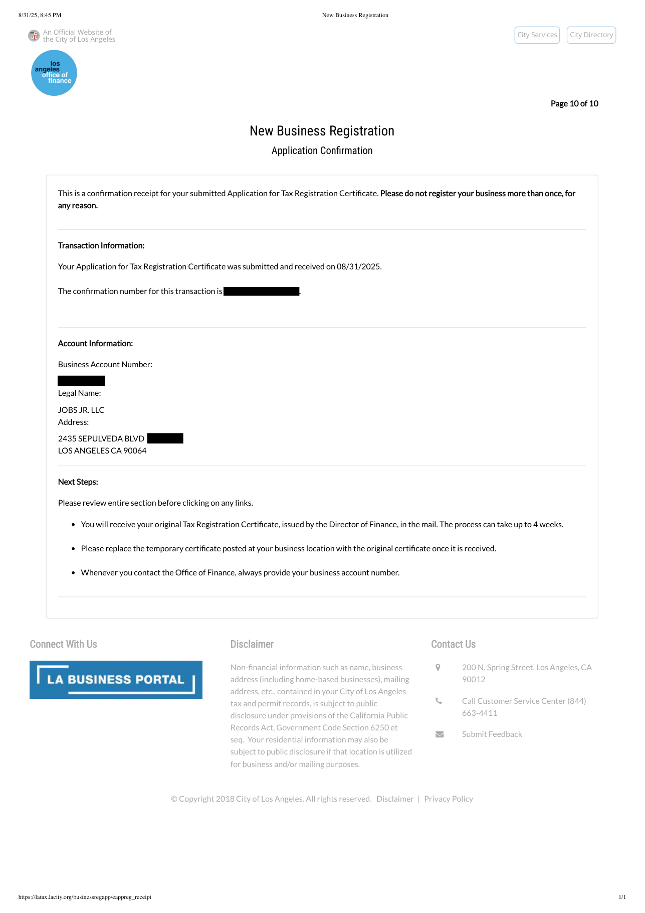 City of Los Angeles Business Tax Registration for Jobs Jr. LLC