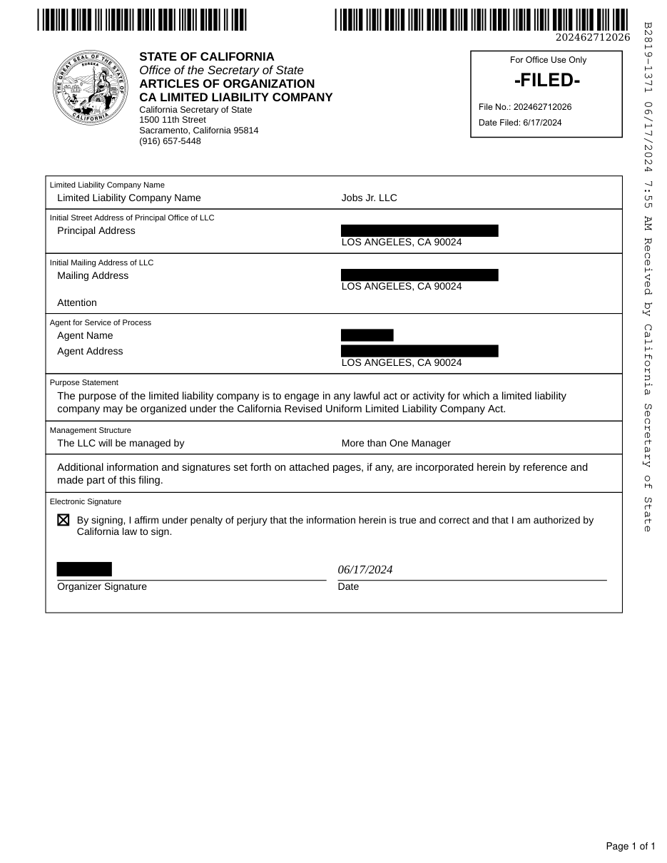 State of California Articles of Organization for Jobs Jr. LLC
